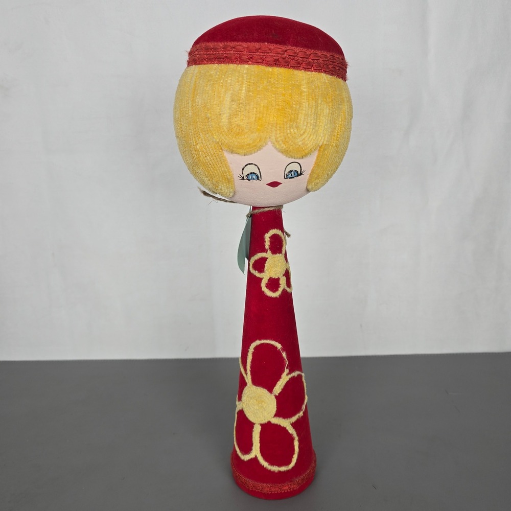 Large 15" Vintage Made In Italy Pincushion Doll Red Yellow Chenille Mid Century